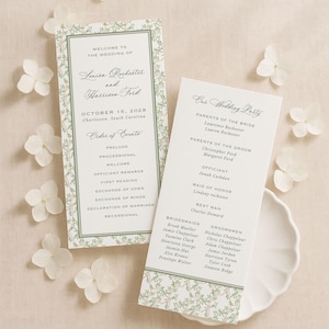 Elegant Watercolor Wedding Program Template, Double-Sided Neutral Chinoiserie Floral Outline, Romantic Garden Ceremony Program, Chinoiserie2