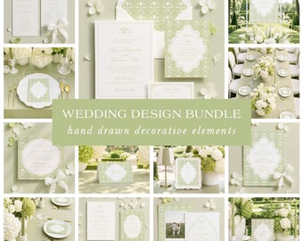 Elegant Wedding Bundle Template, Hand Drawn Grandmillennial Floral Design, Editable Wedding Stationery Set, Canva Printable Wedding, Fleur