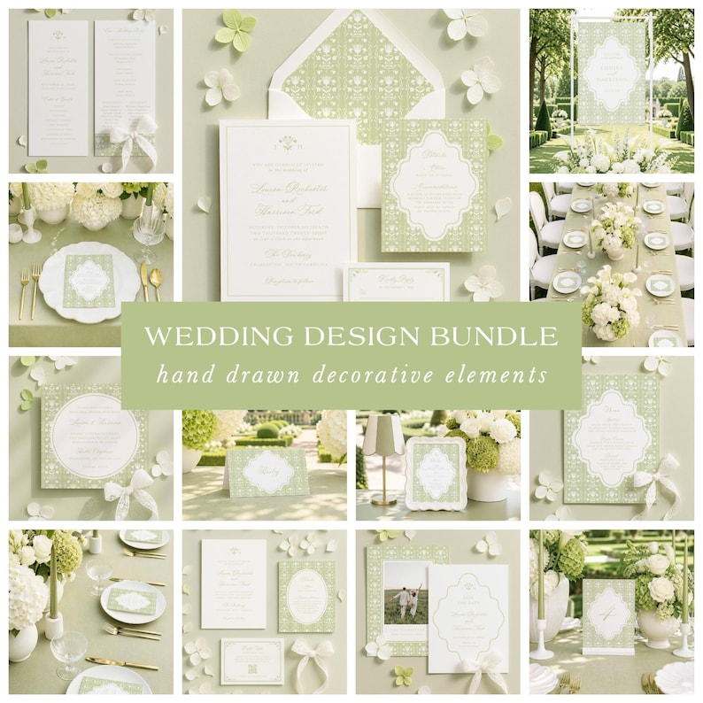 The image is a collage of various wedding-related elements, including invitations, place settings, floral arrangements, and other decorative details, all presented in a harmonious and elegant color scheme of white and green.