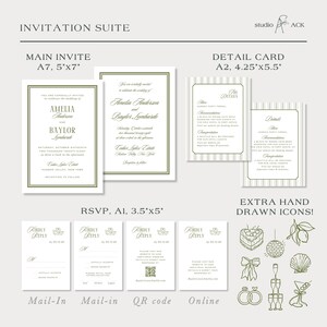 a collection of wedding invitation suite details, including the main invitee details, a detailed card, and extra hand drawn icons.