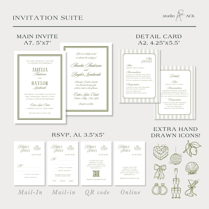 a collection of wedding invitation suite details, including the main invitee details, a detailed card, and extra hand drawn icons.