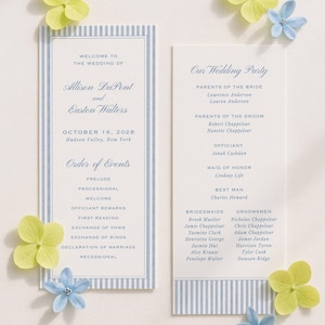 Watercolor Blue Wedding Program Template, Double-Sided Ceremony Outline, Rattan and Stripes, Order of Events, Editable in Canva, Veranda Bild 3