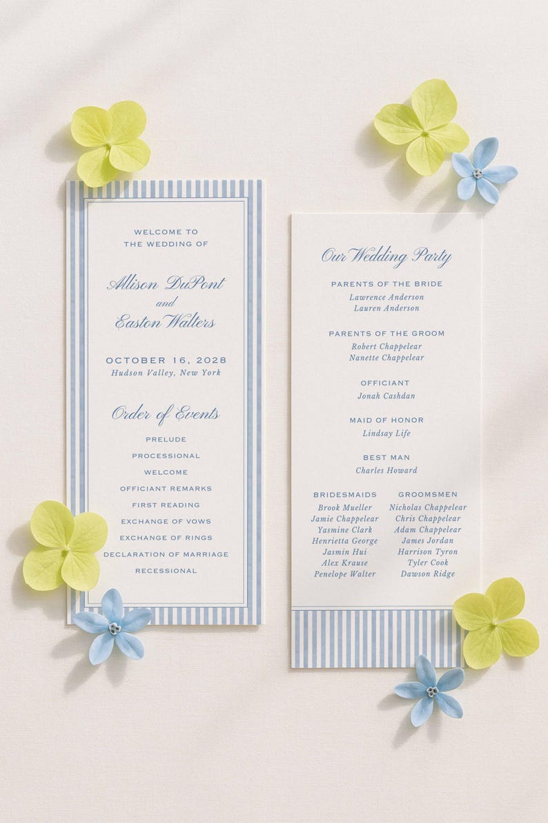 Watercolor Blue Wedding Program Template, Double-Sided Ceremony Outline, Rattan and Stripes, Order of Events, Editable in Canva, Veranda Bild 3