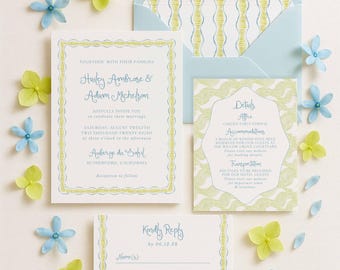 Fun Wavy Invitation Suite Template, Hand Painted Modern Whimsical Wedding, Chartreuse Green and Blue Watercolor Art, Unique Pattern, Waverly