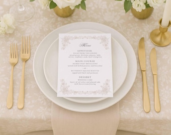 Elegant Neutral Wedding Menu Template, Floral Line Art Dinner Menu, Minimalist Botanical Reception Card, Editable Canva Printable, Atelier