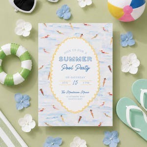 May include: A rectangular invitation card featuring a watercolor pool scene with swimmers, centered within a yellow scalloped oval frame. The text reads: JOIN US FOR A SUMMER Pool Party ON SATURDAY AUG 15 3 PM The Henderson House 12 SUMMER WAY NANTUCKET.