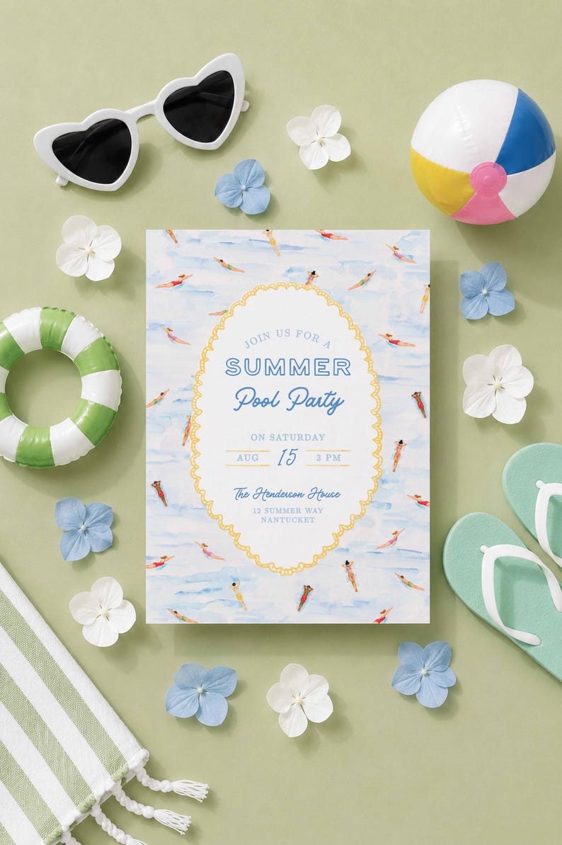 May include: A rectangular invitation card featuring a watercolor pool scene with swimmers, centered within a yellow scalloped oval frame. The text reads: JOIN US FOR A SUMMER Pool Party ON SATURDAY AUG 15 3 PM The Henderson House 12 SUMMER WAY NANTUCKET.