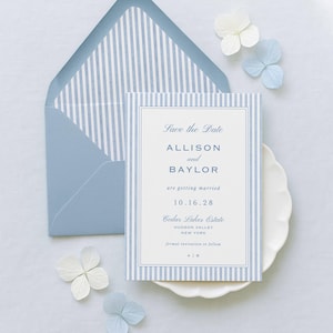 Save the Date Template, Hand Painted Watercolor Stripes, Blue Theme, Editable Save the Date for Weddings, Dusty Blue Wedding Style, Stripe3