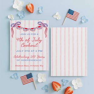 May include: An invitation for a 4th of July cookout, featuring red, white, and blue colours. The text reads "Join us for a 4th of July Cookout" and "Celebrating 250 Years of Independence!" The invitation is surrounded by strawberries, flowers, and miniature American flags.