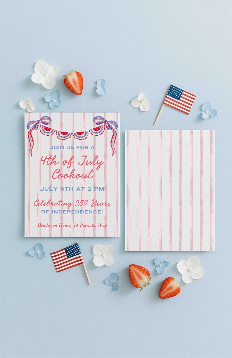 May include: An invitation for a 4th of July cookout, featuring red, white, and blue colours. The text reads "Join us for a 4th of July Cookout" and "Celebrating 250 Years of Independence!" The invitation is surrounded by strawberries, flowers, and miniature American flags.