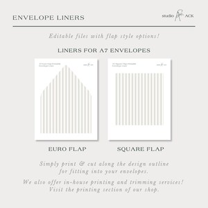 The image is a collection of two envelope liners, one for A7 envelopes and the other for A6 envelopes. The liners are designed to be printed and cut along the outline for fitting into envelopes. The image also includes text that provides information about the services offered, such as in-house printing and trimming, and the location of the printing section of the shop.