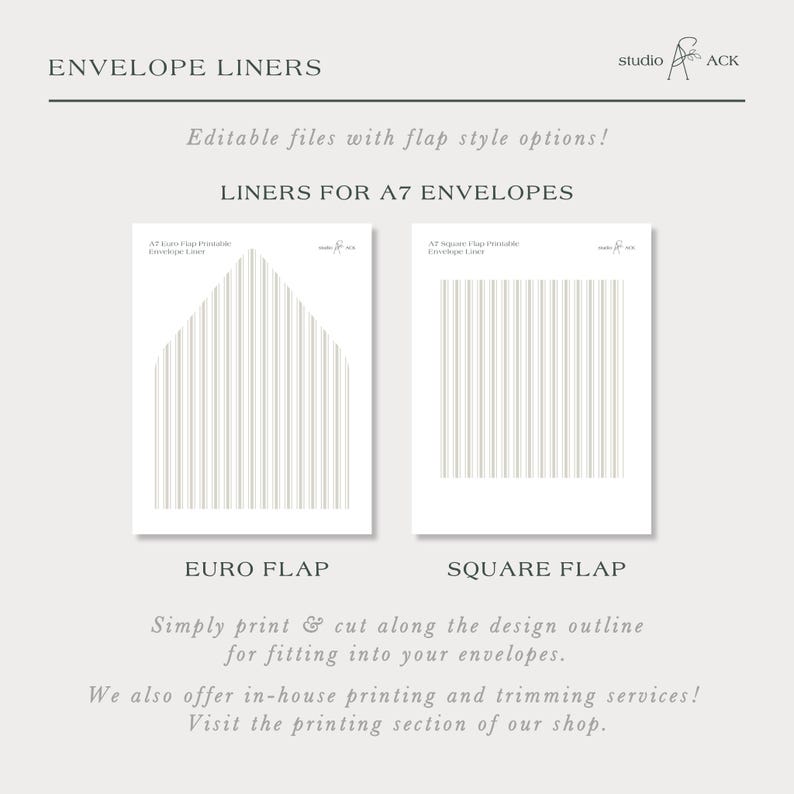 The image is a collection of two envelope liners, one for A7 envelopes and the other for A6 envelopes. The liners are designed to be printed and cut along the outline for fitting into envelopes. The image also includes text that provides information about the services offered, such as in-house printing and trimming, and the location of the printing section of the shop.