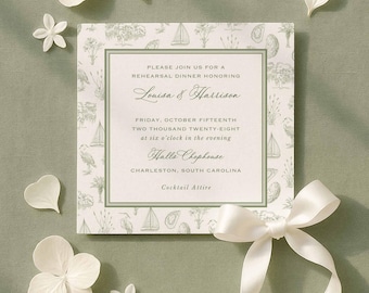 Southern Toile Rehearsal Dinner Invitation, Coastal Palmetto & Egret Design, Southern Printable Template, Canva Editable Rehearsal Card