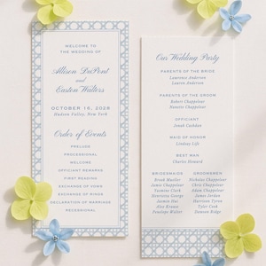 Watercolor Blue Wedding Program Template, Double-Sided Ceremony Outline, Rattan and Stripes, Order of Events, Editable in Canva, Veranda