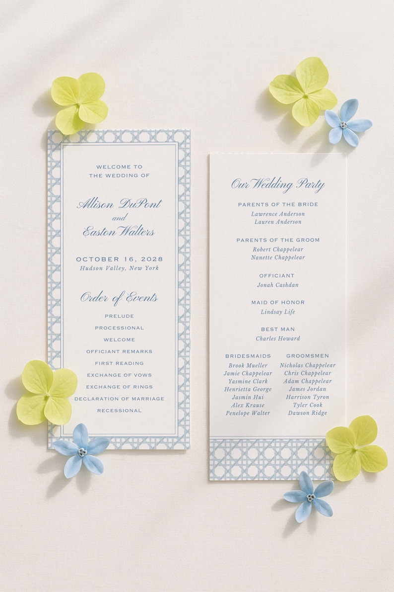 Watercolor Blue Wedding Program Template, Double-Sided Ceremony Outline, Rattan and Stripes, Order of Events, Editable in Canva, Veranda Bild 1
