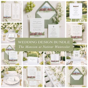 The Mansion at Natirar Wedding Bundle Template, Hand Painted Pendry Natirar Venue Illustration, Watercolor, New Jersey Wedding Stationery