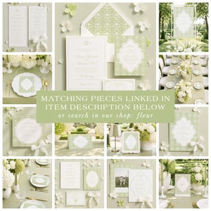 Może przedstawiać: Kolekcja papeterii ślubnej w odcieniach bieli i zieleni, w tym zaproszenia, winietki i menu. Tekst brzmi: "Matching pieces linked in item description below or search in our shop: fleur."