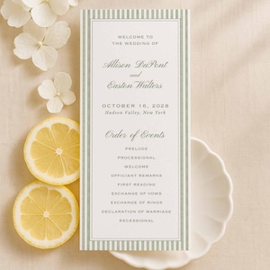Green Stripe Wedding Program Template, Watercolor Ceremony Program, Tall 4x9 Double-Sided Canva Template, Printable, stripe2