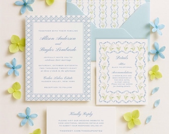 Blue Wedding Invitation Suite, Watercolor Rattan and White Florals, Striped Wedding Theme, Watercolor Stripes, 5x7 Invite Set, Veranda