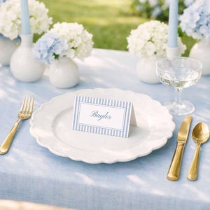 Watercolor Striped Wedding Place Card Template, Blue Theme, Folded & Flat Name Cards for Seat Assignments, Personalizable in Canva, Oxford