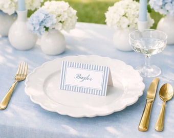Watercolor Striped Wedding Place Card Template, Blue Theme, Folded & Flat Name Cards for Seat Assignments, Personalizable in Canva, Oxford
