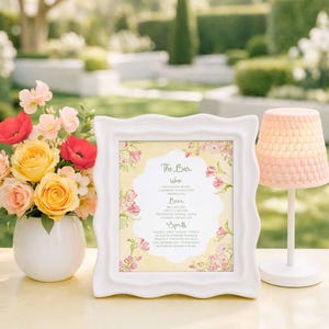 Whimsical Garden Wedding Bar Menu Template, Watercolor Yellow, Peach, Pink and White Accents with Hand Painted Floral Monogram, Soleil
