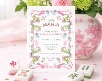 Mahj & Margs Invite Template, Mahjong Party Invitation, Hand Painted Watercolor, Game Night, Mahjong Tiles and Cane Frame