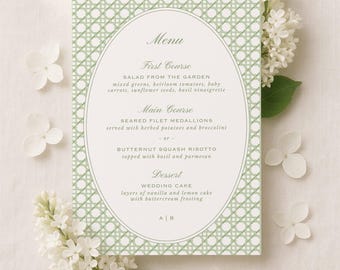 Green Rattan Wedding Menu Template, Editable 5x7 Reception Menu Card, Watercolor Pattern, Customizable Dinner Menu for Wedding, Pinehurst