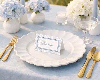 Elegant Hand Drawn Coastal Toile Place Card Template, Nautical & Beach Wedding Seat Assignment, Folded or Flat Name Tag, Coastline Toile
