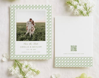 Green Rattan Wedding Save the Date Template, Editable Striped Design, Watercolor Green Rattan Pattern, Printable Wedding Card, Pinehurst