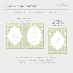three different menu and table number designs, each with a unique layout and size. The text suggests that these designs can be edited to personalize in Canva, and that there are recommendations for the best framing and stand/base sizes for each design.