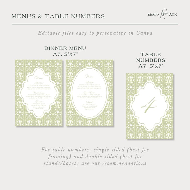 three different menu and table number designs, each with a unique layout and size. The text suggests that these designs can be edited to personalize in Canva, and that there are recommendations for the best framing and stand/base sizes for each design.