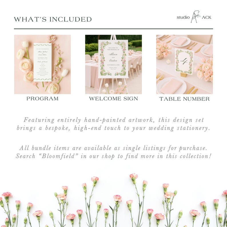 The image is a collage of three images, each depicting different wedding stationery items. The first image shows a wedding invitation, the second image displays a welcome sign, and the third image shows a table number.
