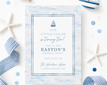 Our Little Sailor Birthday Invitation Template, Blue Nautical Watercolor Sailboat Invite, Sailboat Digital Printable for Boy Birthday Party