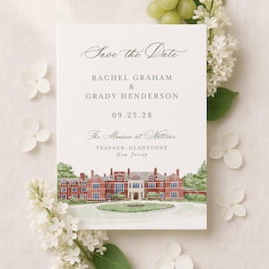 The Mansion at Natirar Save the Date Template, Hand Painted Pendry Natirar Venue Illustration, Watercolor, Peapack New Jersey Wedding