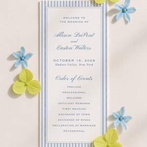 Watercolor Blue Wedding Program Template, Double-Sided Ceremony Outline, Rattan and Stripes, Order of Events, Editable in Canva, Veranda Bild 4