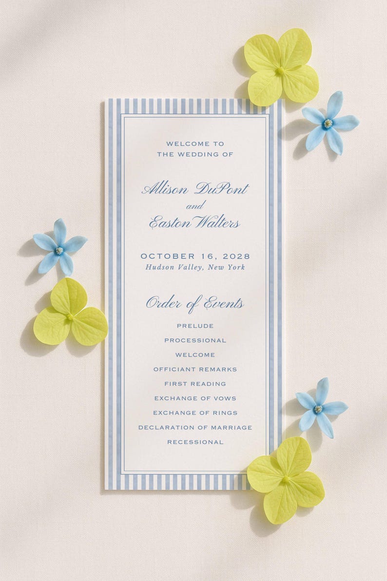 Watercolor Blue Wedding Program Template, Double-Sided Ceremony Outline, Rattan and Stripes, Order of Events, Editable in Canva, Veranda Bild 4