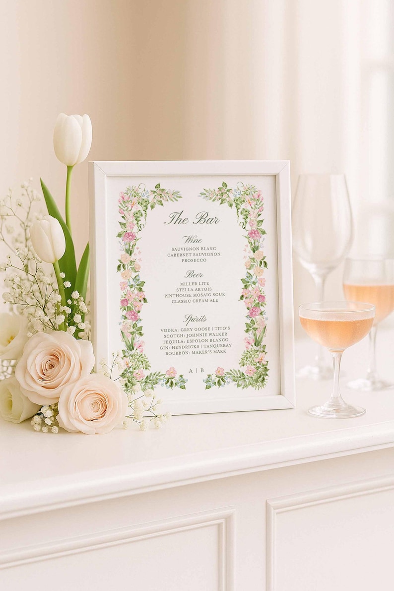 Hand-Painted Wedding Bar Menu Template, Watercolor Signature Drinks Sign, Editable Canva Bar Sign, Cocktail Menu Printable, Bloomfield afbeelding 6