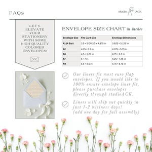 May include: An informational graphic titled FAQs by studio ACK featuring an envelope size chart in inches. It lists sizes A1, A2, A6, A7, and A9 with corresponding card and envelope dimensions. Includes text about stationery and envelope liners.