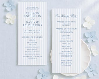 Coastal Striped Wedding Program Template, Nautical Beach Ceremony Design, Printable Double-Sided Order of Events, Customize in Canva, Marina