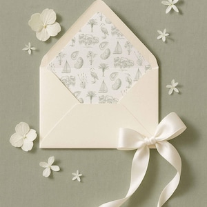 Southern Toile Envelope Liner, Coastal Palmetto + Egret Pattern, Lowcountry Hand-Drawn Toile Design for A7 Envelopes Euro Flap & Square Flap