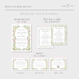 Detailed breakdown of wedding invitation suite sizes and design options, including A7 main invite, A2 details card, and A1 RSVP variations with watercolor florals.