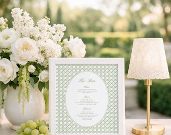 Green Rattan Wedding Bar Menu Template, Printable Bar Signage, DIY Wedding Decor, Green Wedding, Customizable Drink Menu, Pinehurst