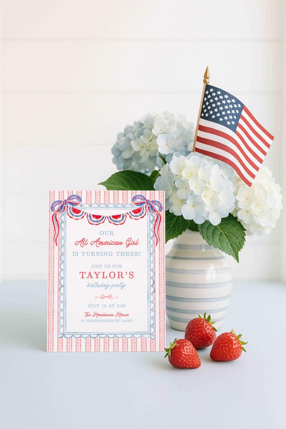 All American Girl Birthday Invitation Template, Red White Blue Girls Birthday Invite, Watercolor Scalloped Design, Patriotic Coquette Party