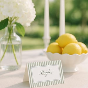 Green Stripe Name Card Template, Place Setting Card, Hand Painted Watercolor Stripe Wedding Name Cards, Editable Canva Printable, Grove