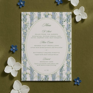 Wedding Menu Template, Blue, White & Green Wedding Theme, Hand Painted Watercolor Florals and Stripes, Editable 5x7 Dinner Menu, Jardin