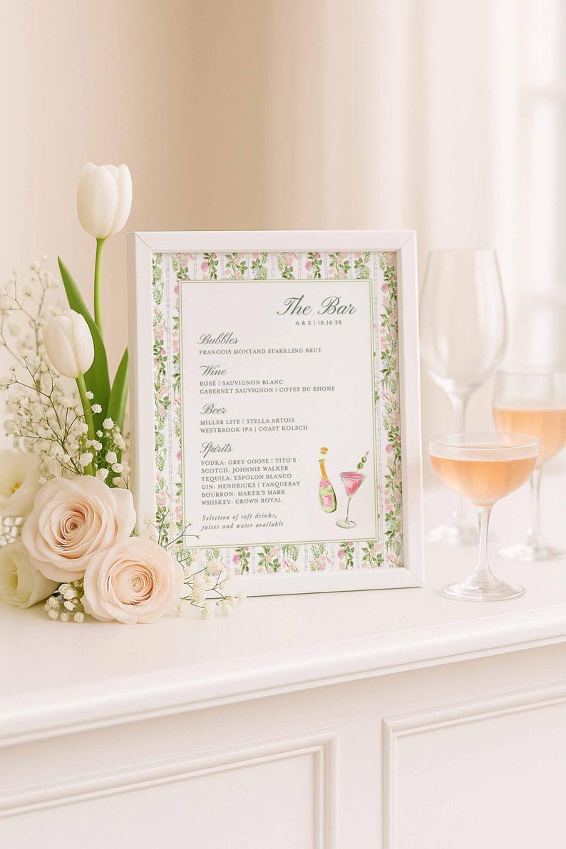 Hand-Painted Wedding Bar Menu Template, Watercolor Signature Drinks Sign, Editable Canva Bar Sign, Cocktail Menu Printable, Bloomfield afbeelding 11