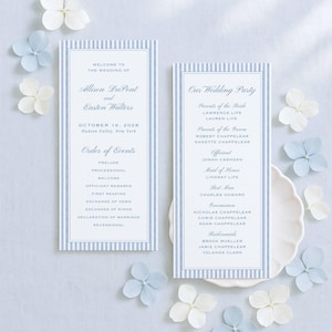 Blue Wedding Program Template, Hand Painted Watercolor Stripes, Double Sided, Editable in Canva, Ceremony Outline, Order of Events, Oxford