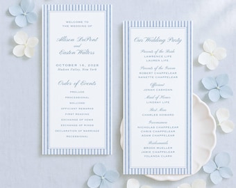 Blue Wedding Program Template, Hand Painted Watercolor Stripes, Double Sided, Editable in Canva, Ceremony Outline, Order of Events, Oxford
