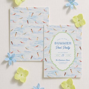 May include: Two rectangular invitation cards featuring a watercolor pattern of people swimming in blue water. One card includes text: JOIN US FOR A SUMMER Pool Party ON SATURDAY AUG 15 3 PM The Henderson House 13 SUMMER WAY NANTUCKET inside a green oval.